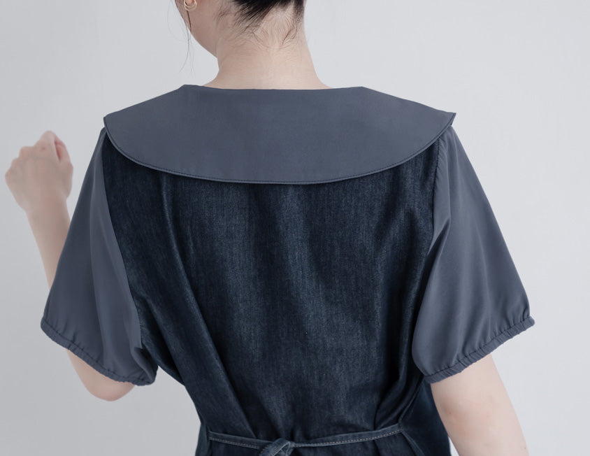 Faux Two-Piece Denim Collar Waist-Tie Plus Size Dress