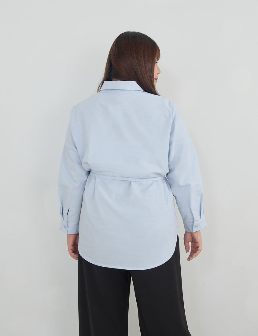 MISS. Korean Oxford Longline Plus Size Shirt (with Waist Tie)