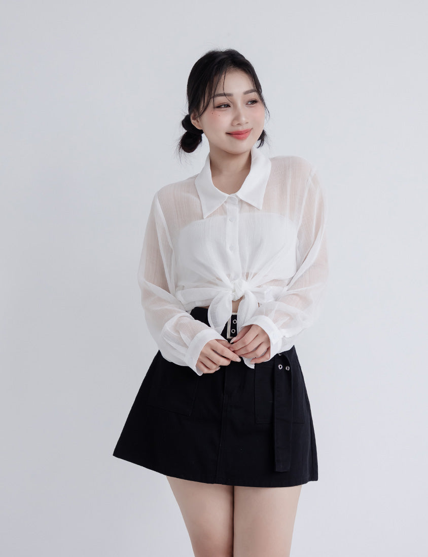 Crinkled Texture Sheer Plaid Plus Size Long Sleeve Shirt