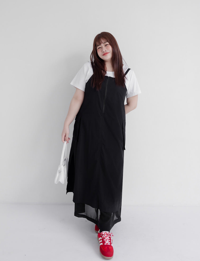 Multi-Layered Cargo Adjustable Strap Plus Size Maxi Dress