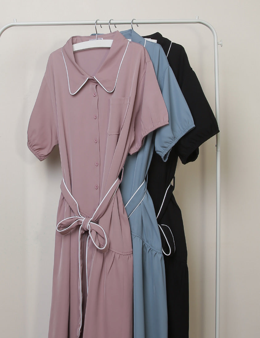 Color-Trimmed Plus Size Puff Sleeve Maxi Dress (With Waist Tie)