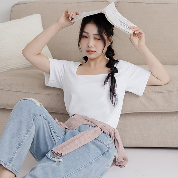 Pobra. Airy Ribbed Square Neck Short Sleeve Plus Size Bra Top