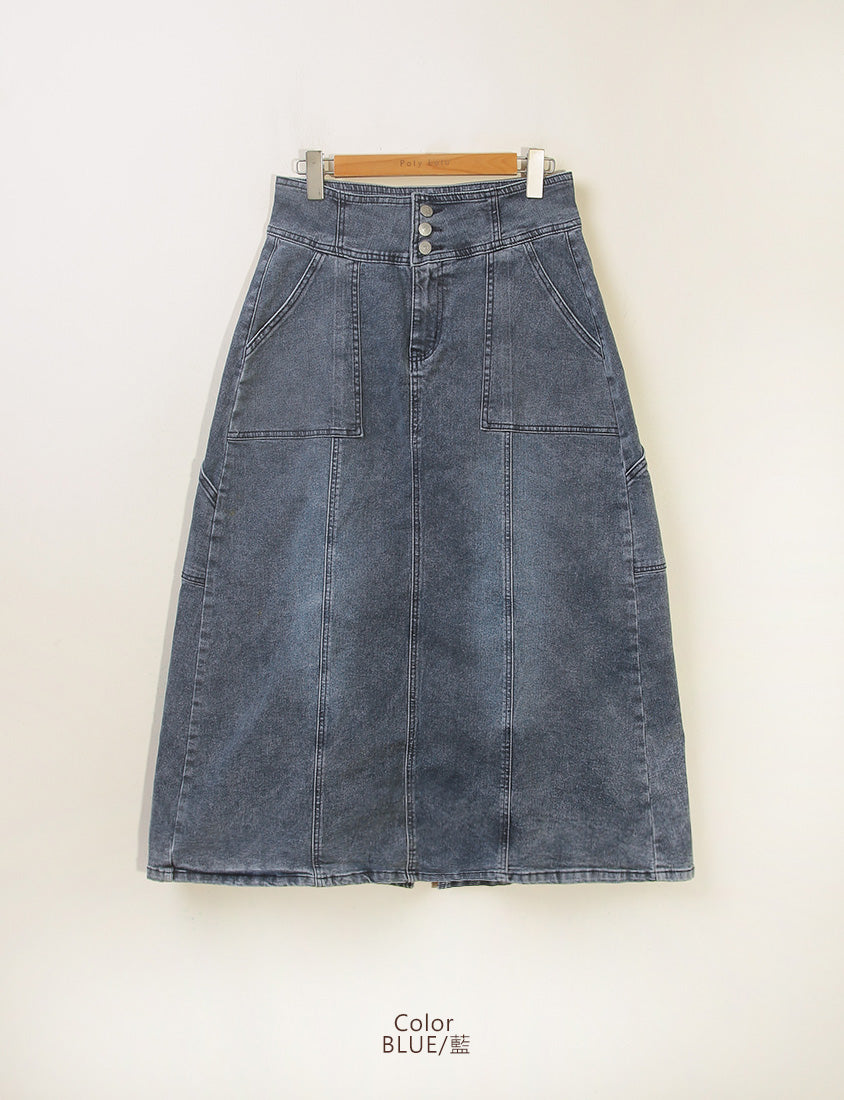 MUA! Ultra-Stretch Back Slit High-Waist Washed Denim Plus Size Maxi Skirt