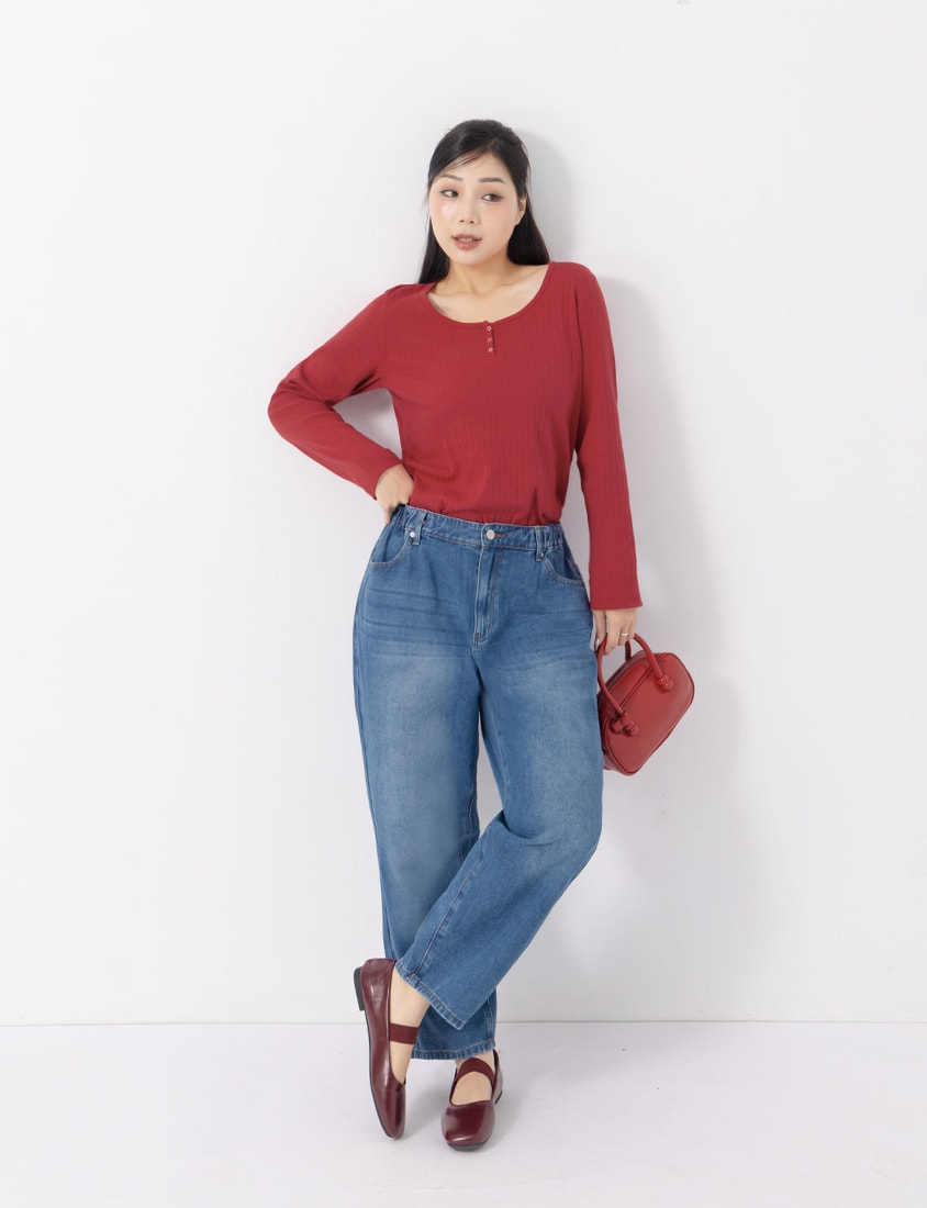Jacquard Ribbed Button-Front Plus Size Crewneck Top