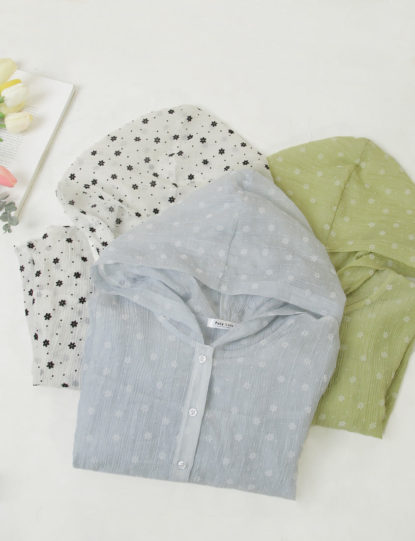 Cute Crinkled Floral Button Plus Size Hooded Jacket
