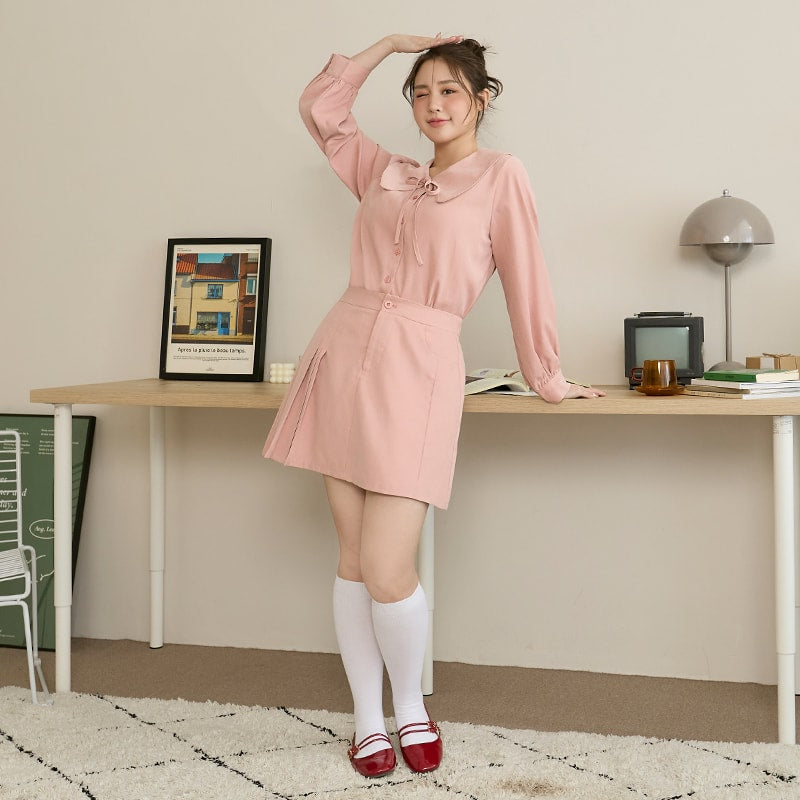 Asymmetrical Pleated Elastic Back Waist Twill Plus Size Mini Skirt