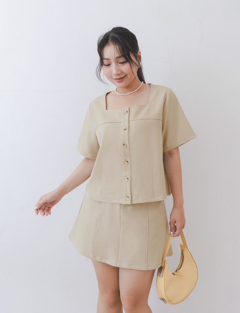 MISS. Korean Style Square Neck Twill Faux Button Top