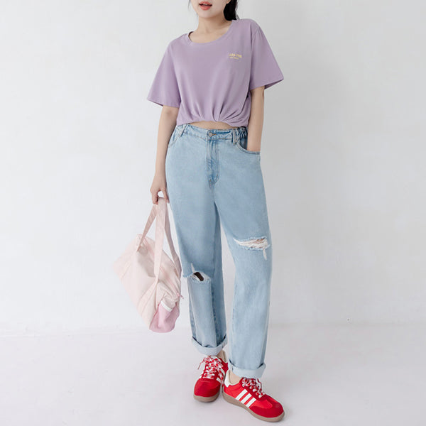 Distressed Side Elastic Waist Plus Size Boyfriend Jeans