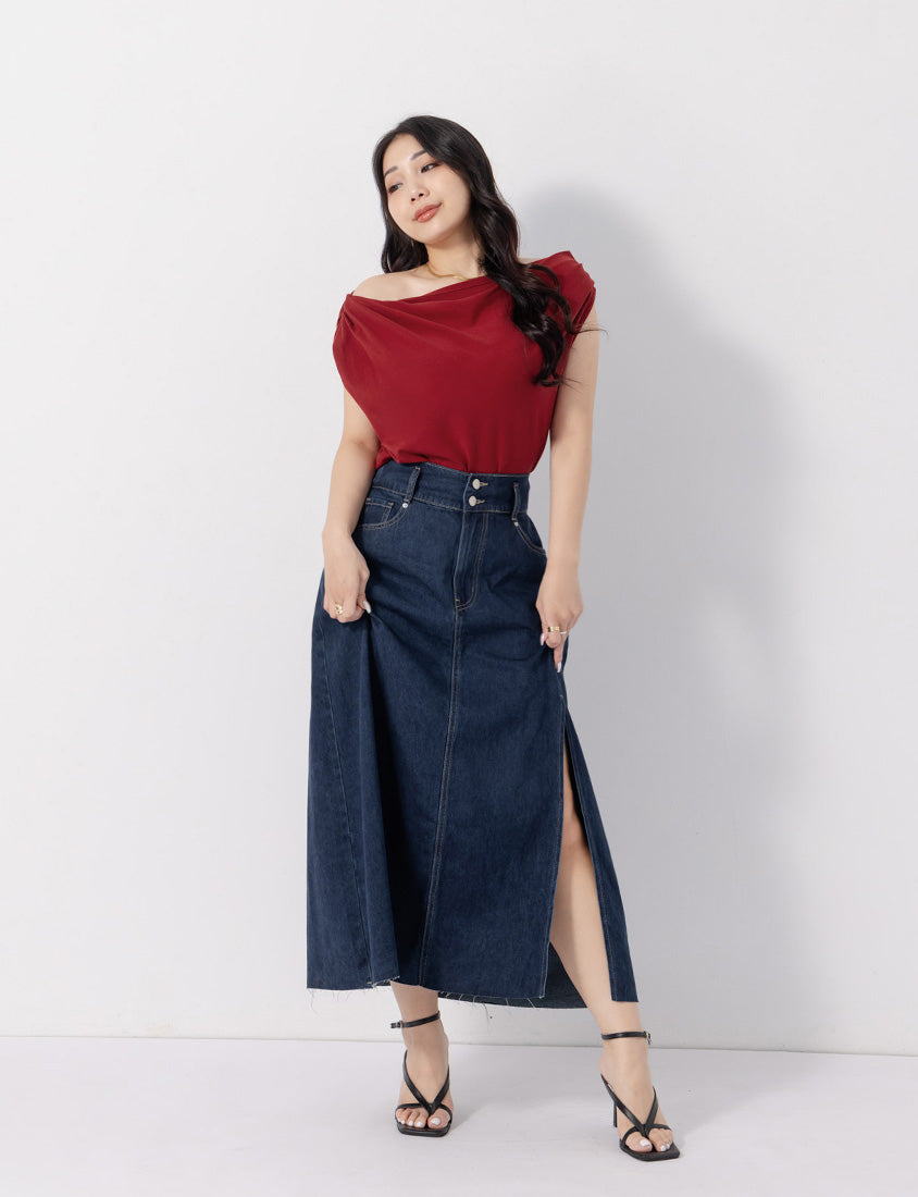 MUA! Front Slit High-Waist Denim A-Line Plus Size Maxi Skirt
