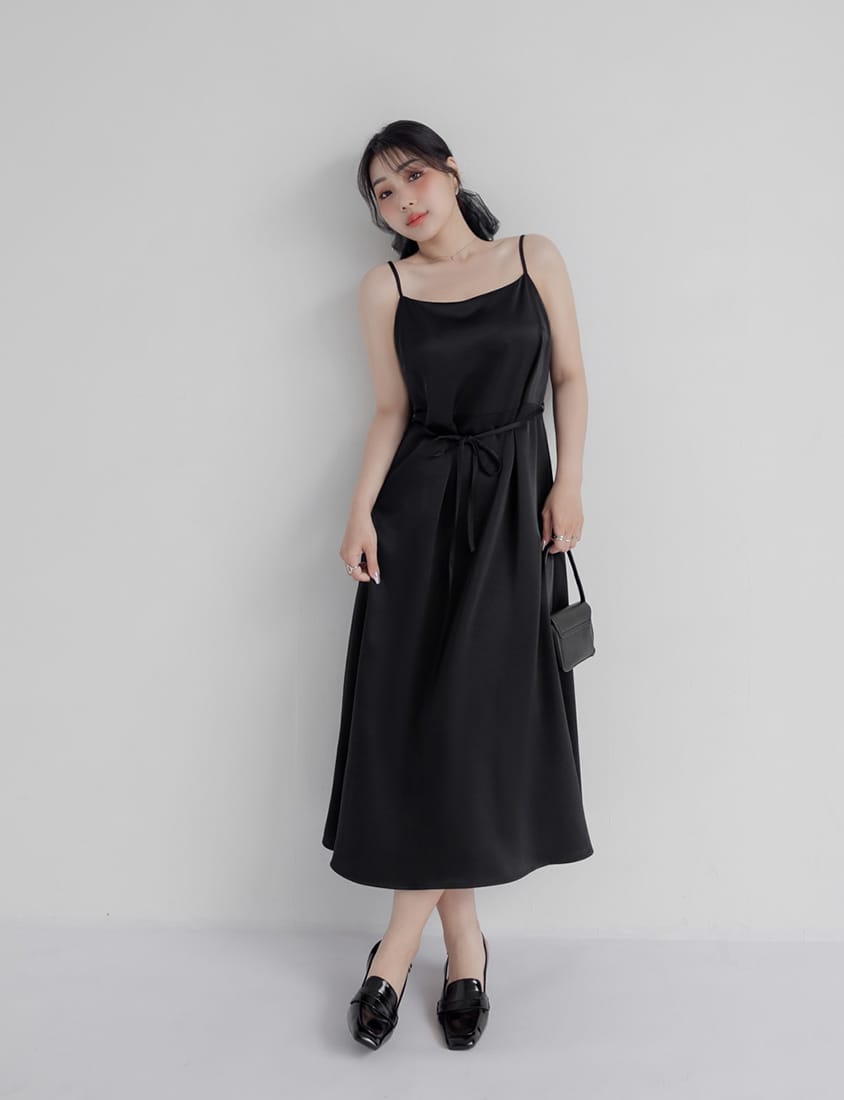 MISS. Satin A-Line Adjustable Strap Plus Size Cami Dress (with Waist Tie)