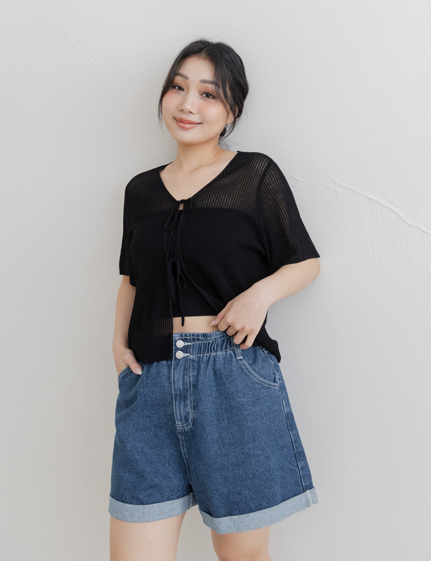 Front Tie Sheer Hollow Plus Size Knit Cardigan