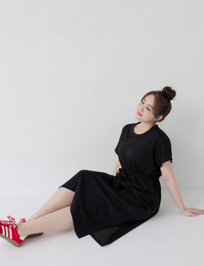 Casual Crew Neck Waist Tie Plus Size Maxi Dress