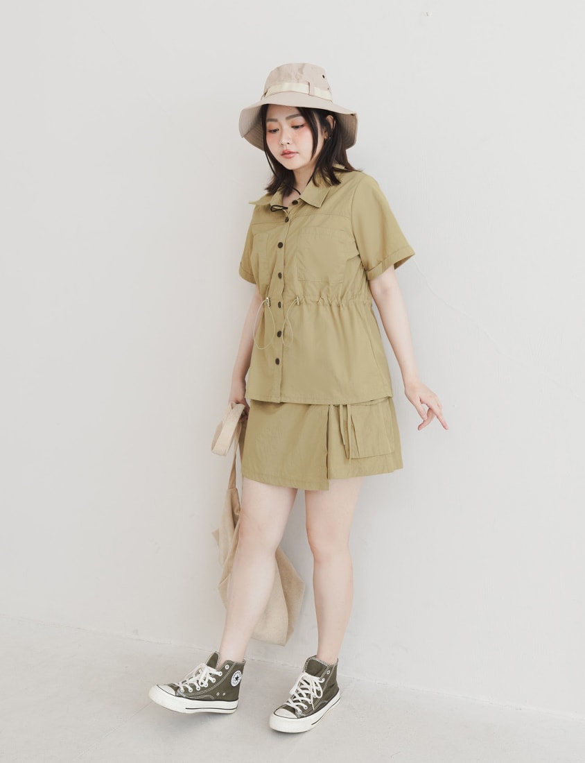 Pockets Cargo Drawstring Waist Plus Size Shirt