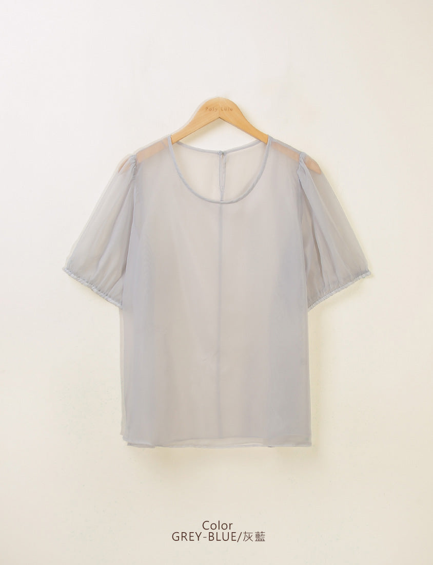 MISS. Sheer Textured Round Neck Puff-Sleeve Plus Size Blouse