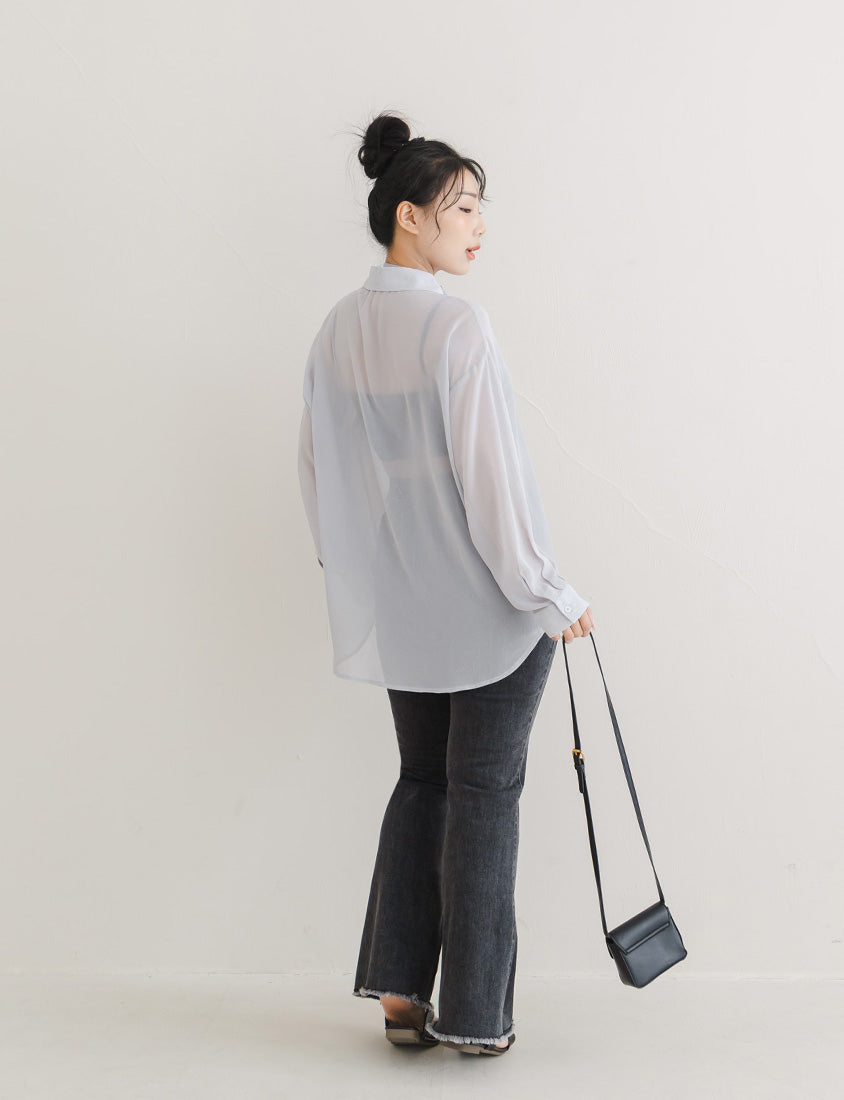 Flowy Crinkled Sheer Plus Size Blouse (With Tie)
