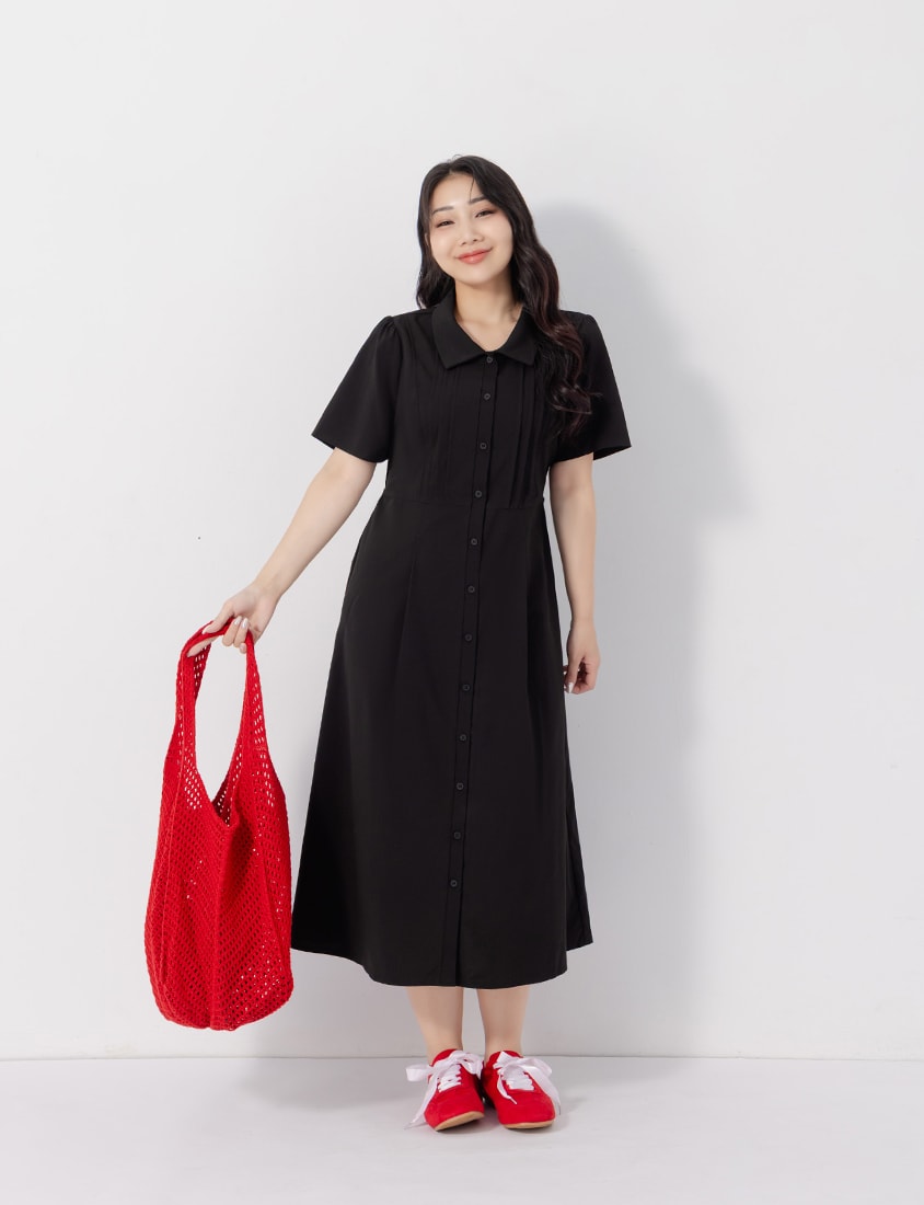 Pleated Textured Button-Down Elastic Back Plus Size Maxi Dress