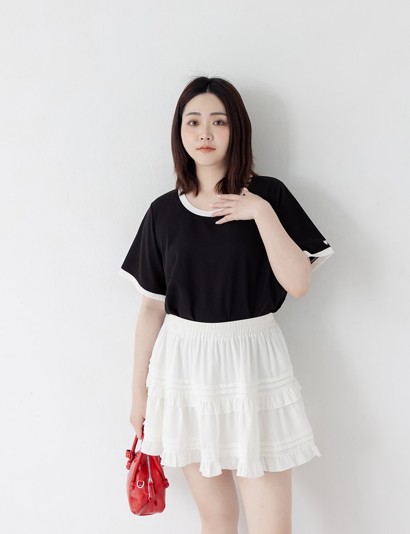 Colorblock Waffle Heart Embroidery Plus Size Top