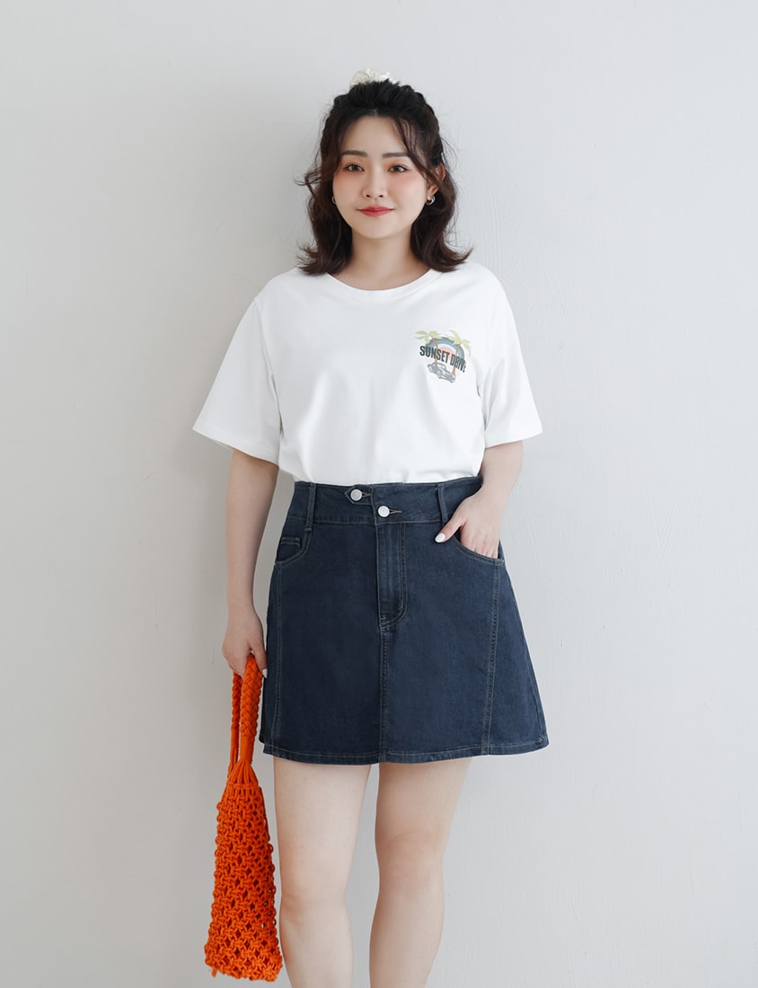 Stitched Waistband Plus Size Denim Skort (With inner pants)