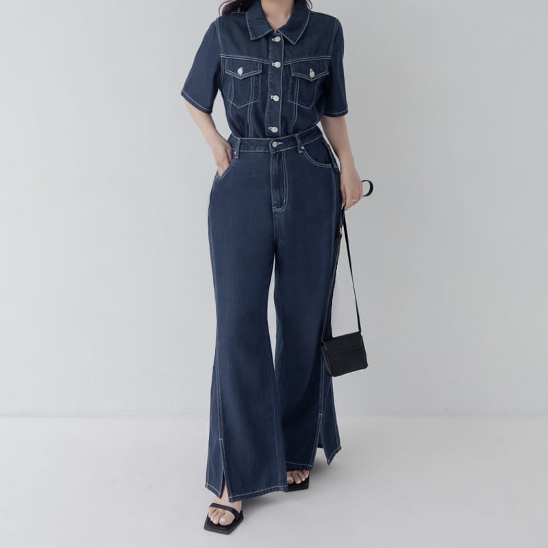 Lyocell Cooling Stitch Slit Plus Size Wide Leg Pants