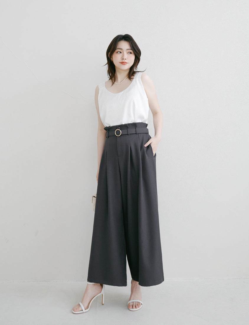 MISS. High-Waisted Bubble Hem Wrinkle-Free Belted Plus Size Wide-Leg Pants