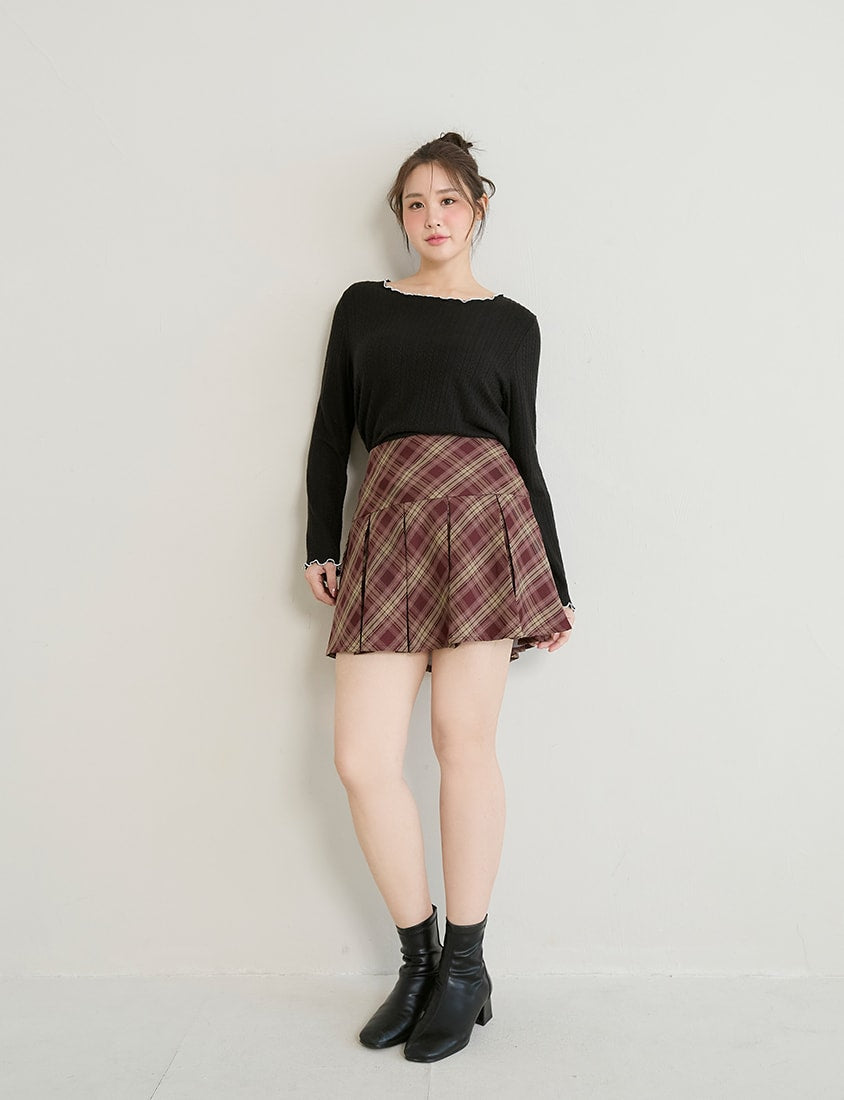 Contrast Lettuce-Edge Jacquard Plus Size Long Sleeve Top