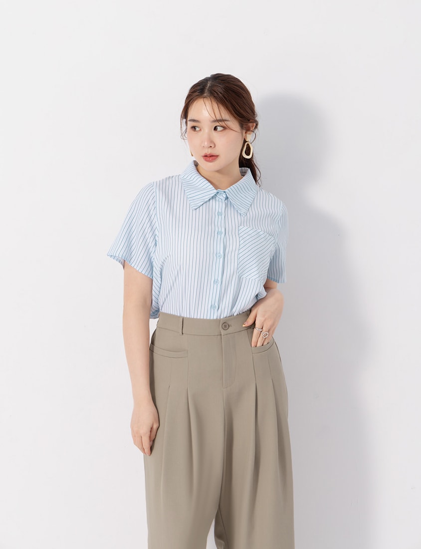 MISS. Preppy Contrast Stripe Plus Size Short Sleeve Shirt (With Neck Tie)