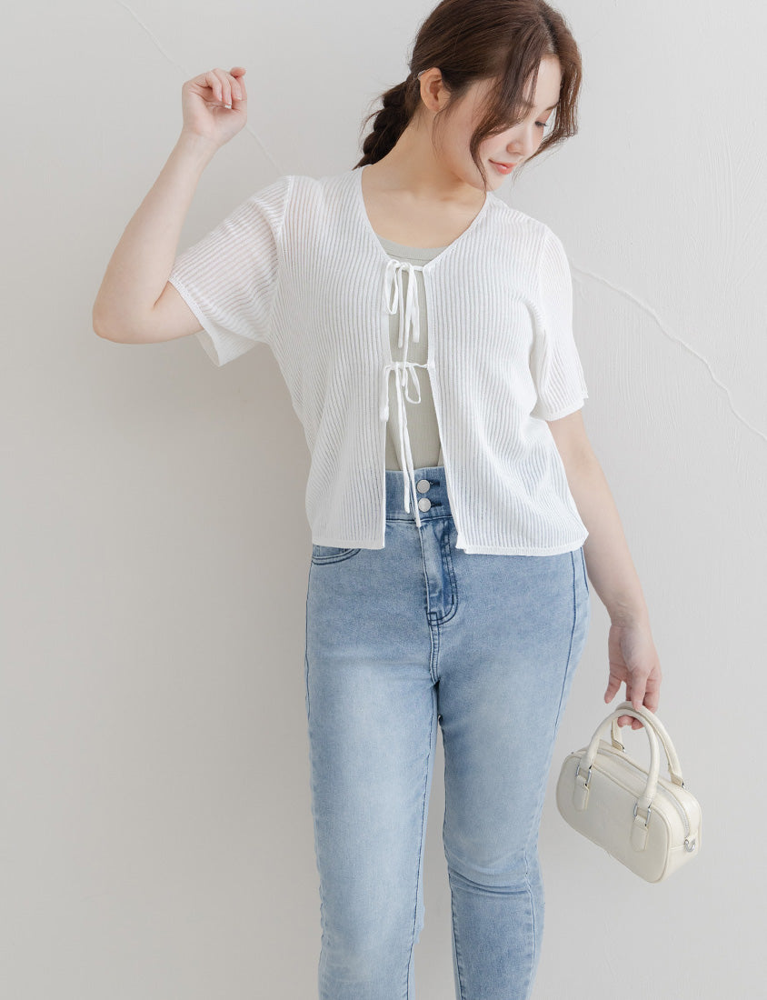 Front Tie Sheer Hollow Plus Size Knit Cardigan