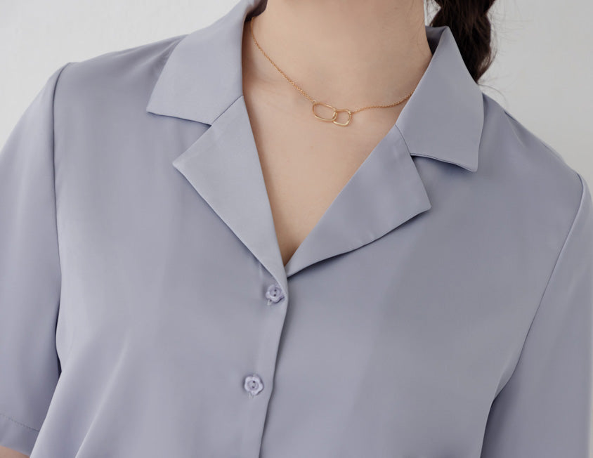 MISS. Glossy Satin Cuban Collar Plus Size Shirt With Floral Buttons
