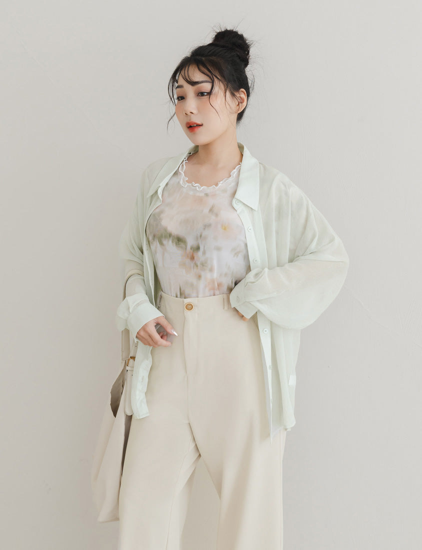Flowy Crinkled Sheer Plus Size Blouse (With Tie)