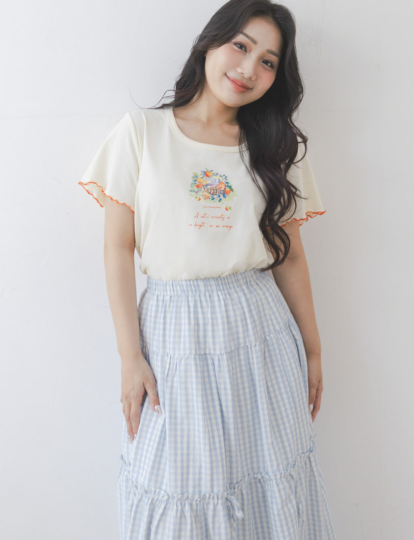 Crew Neck Contrast Ruffle Trim Plus Size Graphic Tee (Illustrator Collaboration)