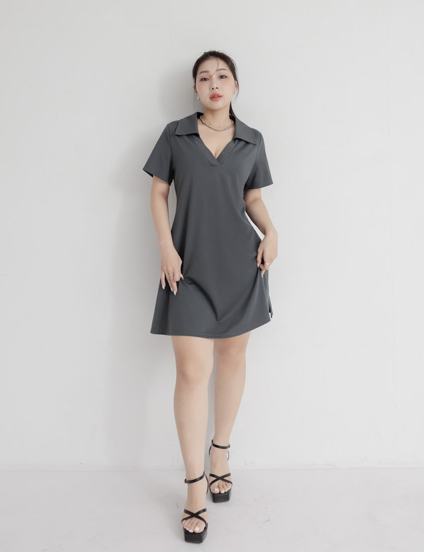 MUA! Chic Notched Collar Twill Plus Size Short Sleeve Dress