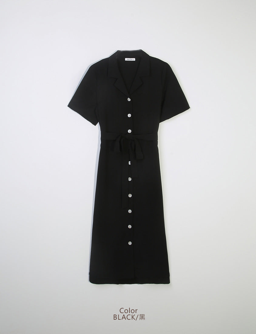 MISS. Cuban Collar Chiffon Button Short Sleeve Dress (with Waist-Tie )