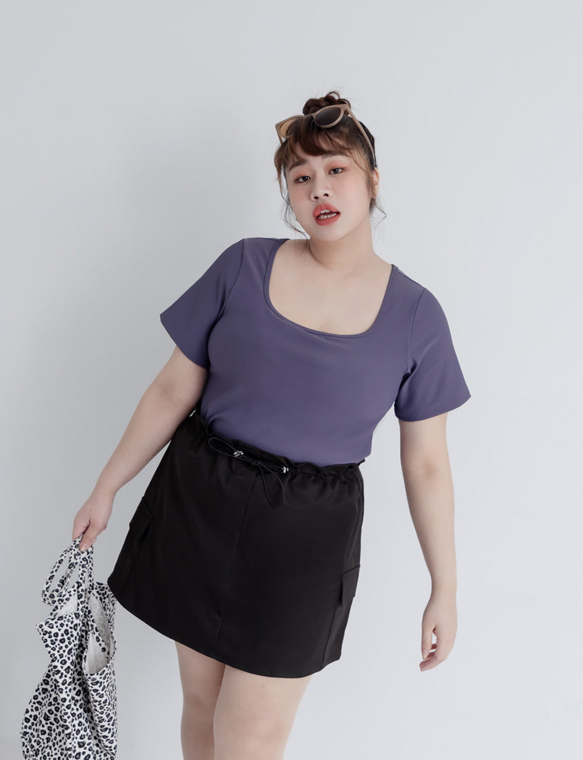 Pobra. Airy Ribbed Square Neck Short Sleeve Plus Size Bra Top