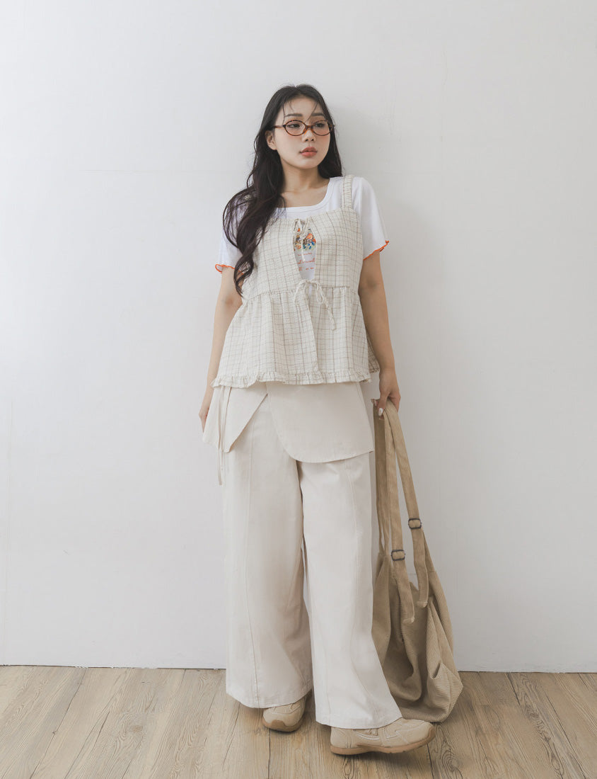 Layered Twill Plus Size Wide-Leg Pants (with Skirt Panel)