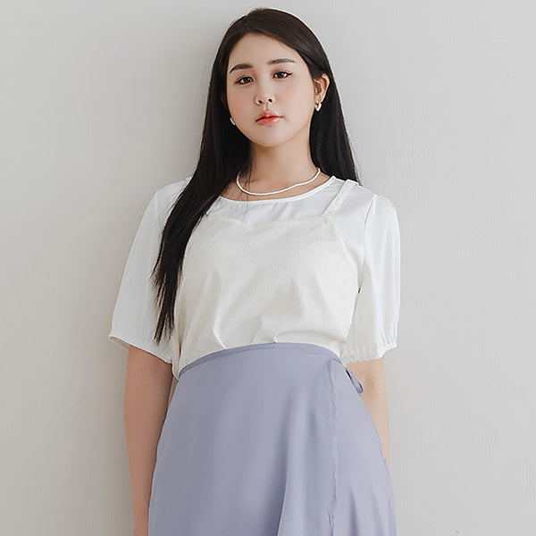 MISS. Faux Two-Piece Textured Puff Sleeve Top