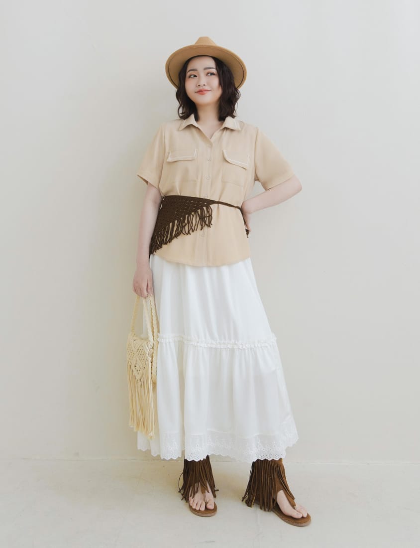 Color-Block Embroidered Pocket Plus-Size Short Sleeve Shirt