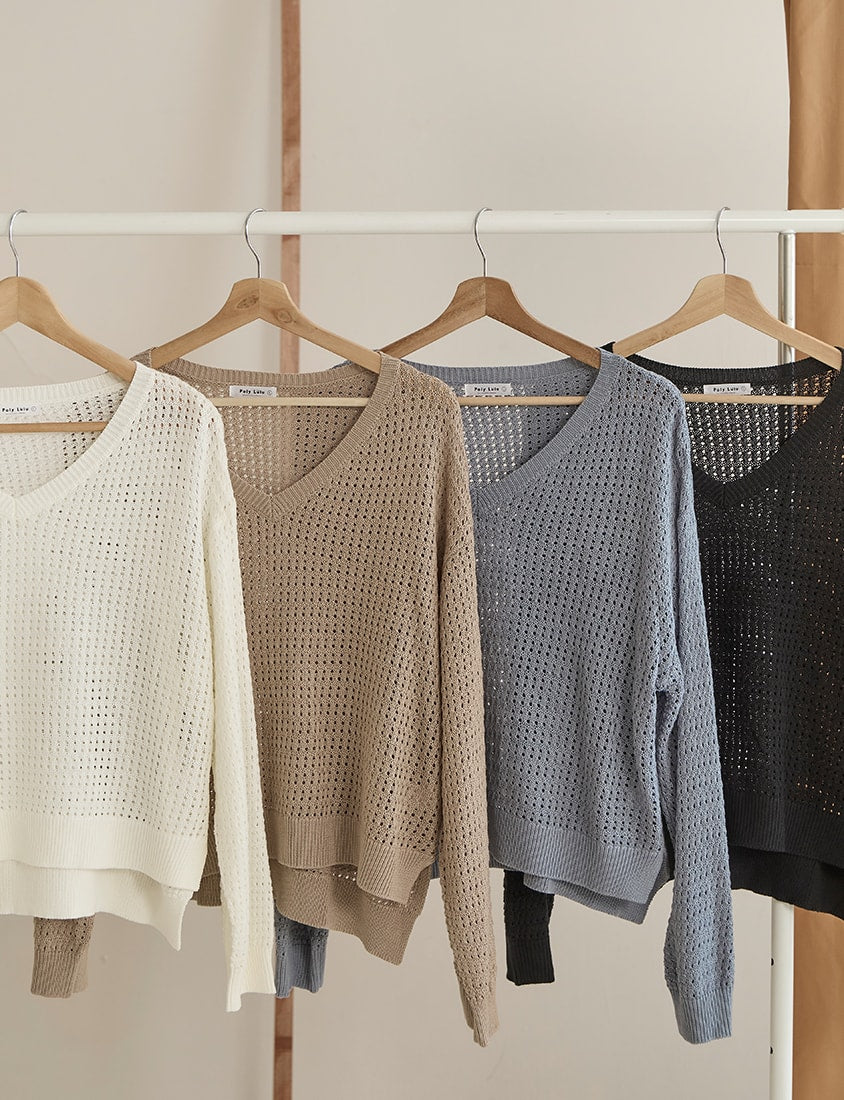 Anti-Pilling V-Neck Eyelet Plus Size Knit Top