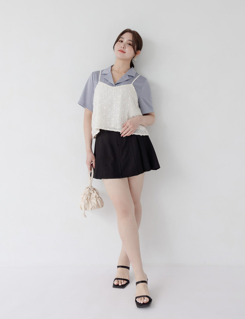 MISS. Glossy Satin Cuban Collar Plus Size Shirt With Floral Buttons
