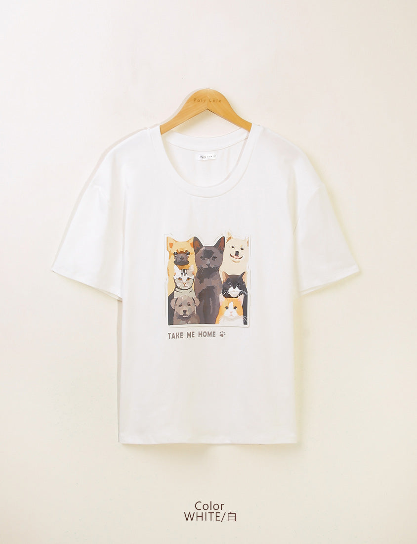 Kitty and Puppy Print Crew Neck Short Sleeve T-shirt