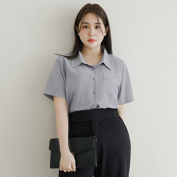 MISS. Lightweight Cooling Pleated Pocket Plus Size Short Sleeve Shirt