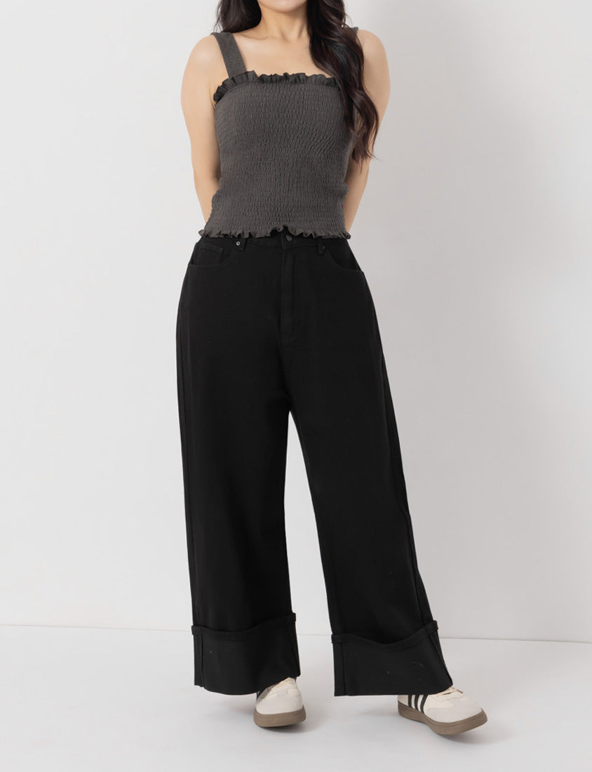 Japanese Style Large Cuffs A-Line Plus Size Denim Wide Leg Pants