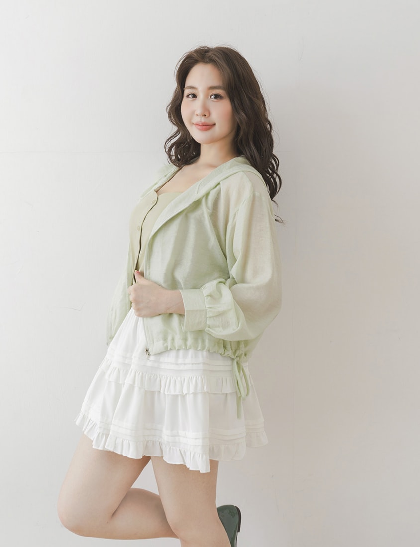 Semi-Sheer Drawstring Hem Hooded Plus Size Jacket