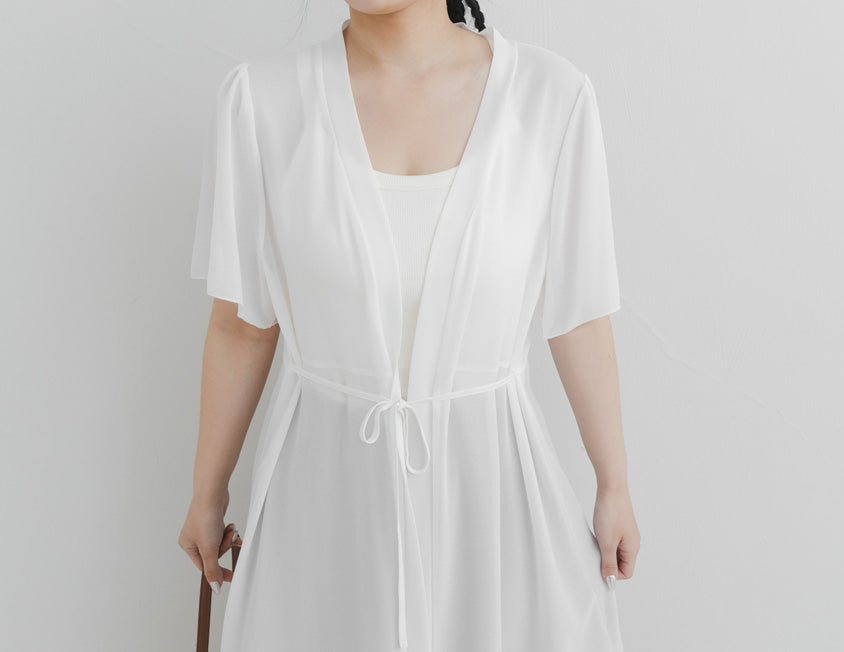 Sheer Vacation-Style Plus Size Long Cover-Ups (with Waist Tie)