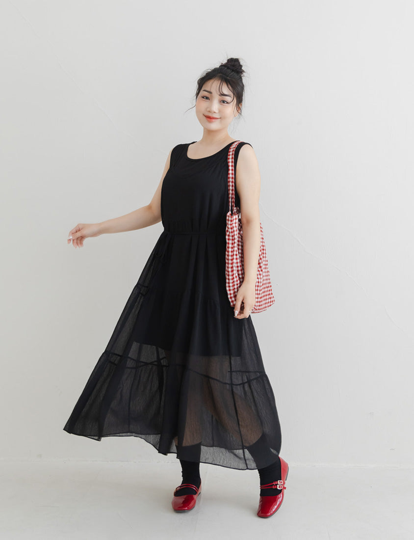 Two Piece Sheer Crinkled Tiered Plus Size Maxi Dress (with Inner Tank)