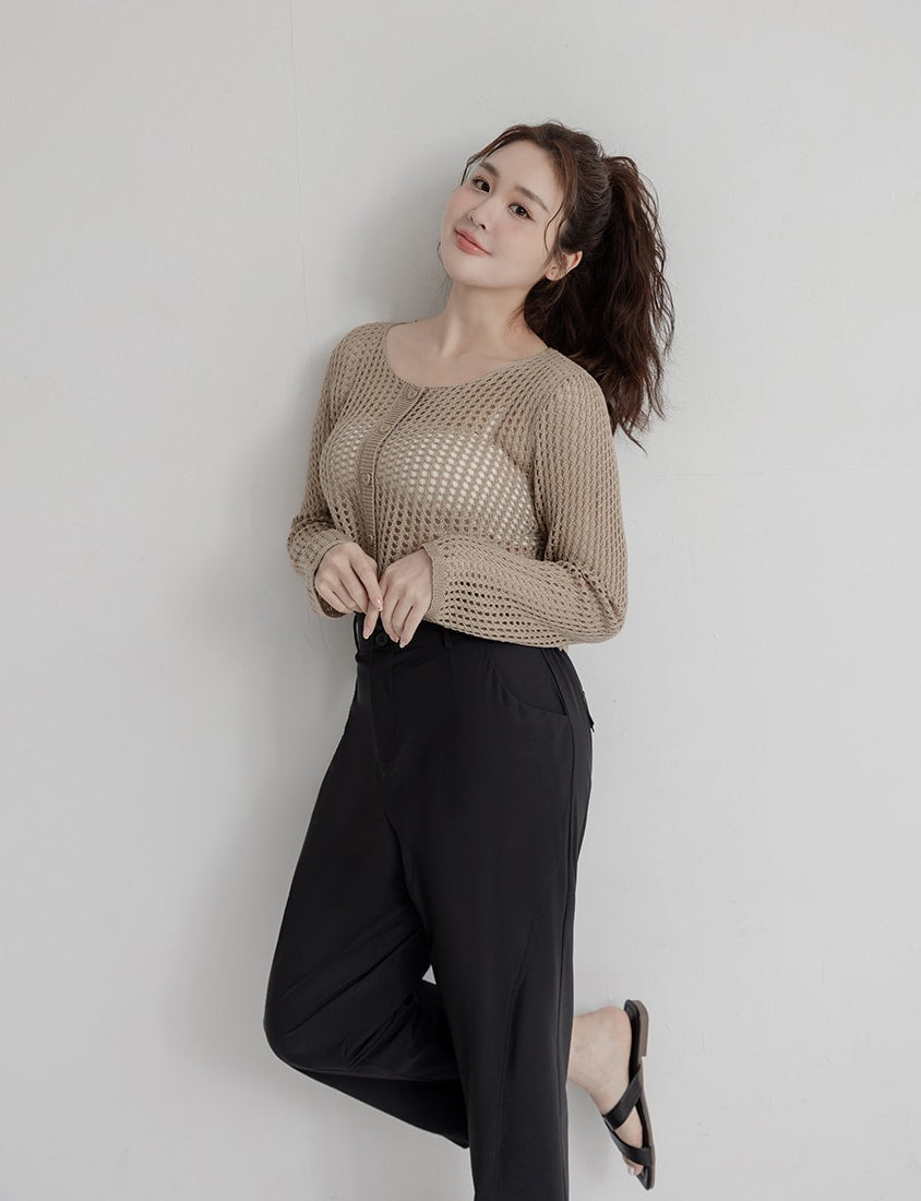 Knit Eyelet Hollow Faux Button Plus Size Top