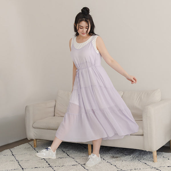 Two Piece Sheer Crinkled Tiered Plus Size Maxi Dress (with Inner Tank)