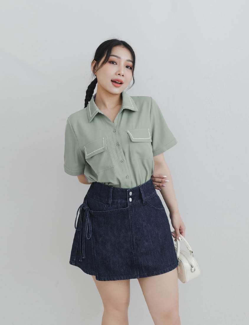 High-Waist Double Button Asymmetric Tie Plus Size Skort