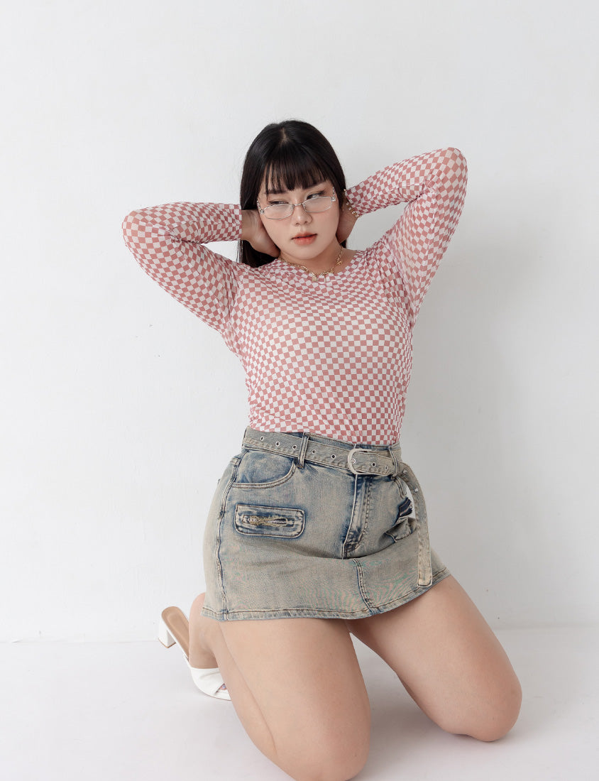 MUA! Sexy Checkered Mesh Long Sleeve Plus Size Top