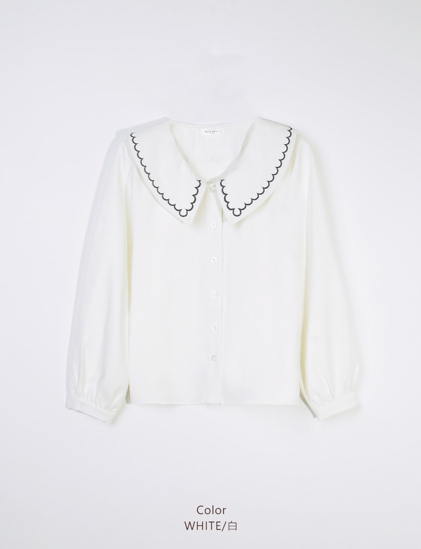Contrast Embroidered Oversized Collar Plus Size Long Sleeve Shirt