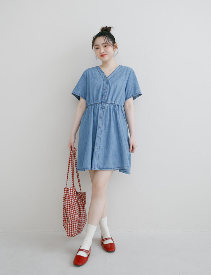 V-Neck Lightweight Denim Elastic Waist Button Plus Size Mini Dress